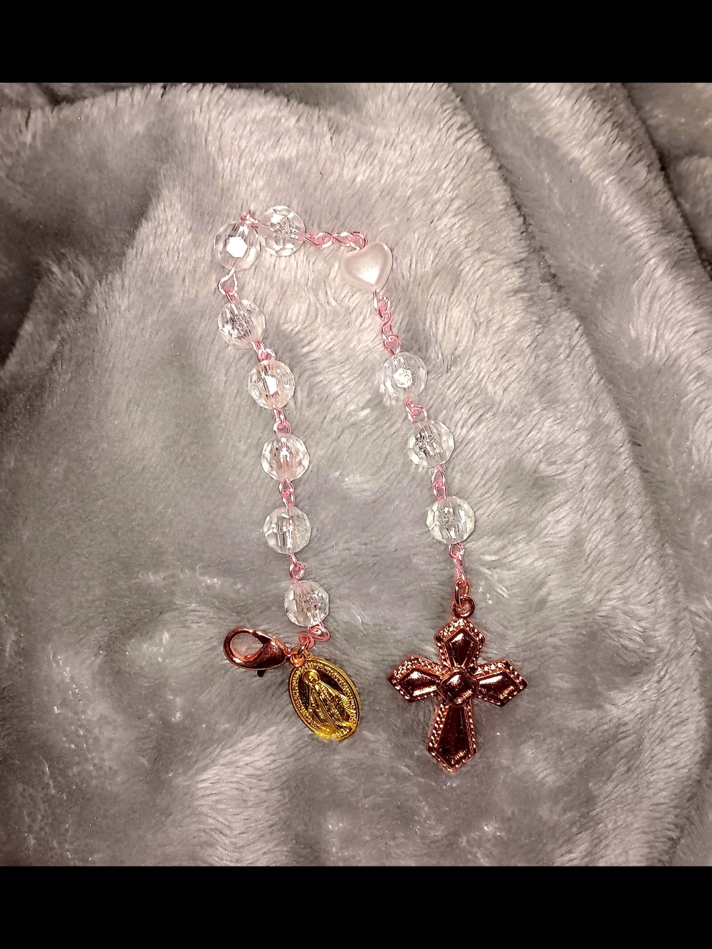 Delicate Pink Beaded Pocket Rosary/Bag Charm with Rose Gold Cross
